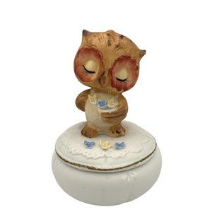 Vintage Owl Ceramic Covered Trinket Dish Circle 0-724 Hand Painted Flowers Jewel